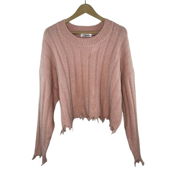 Double Zero Sweaters - Double Zero Sweater Pink Chunky Knit Distressed hem Crew Neck Oversized Crop L